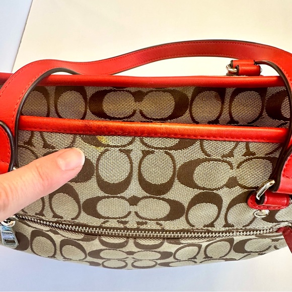 Coach signature monogram zip top tote bag in Khaki and Cardinal red - Picture 10 of 16